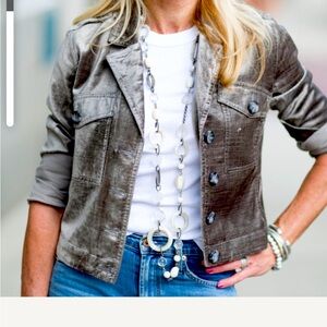 CAbi Sunday Topper Velvet ‘Jean Jacket’ Gray Metallic Size S